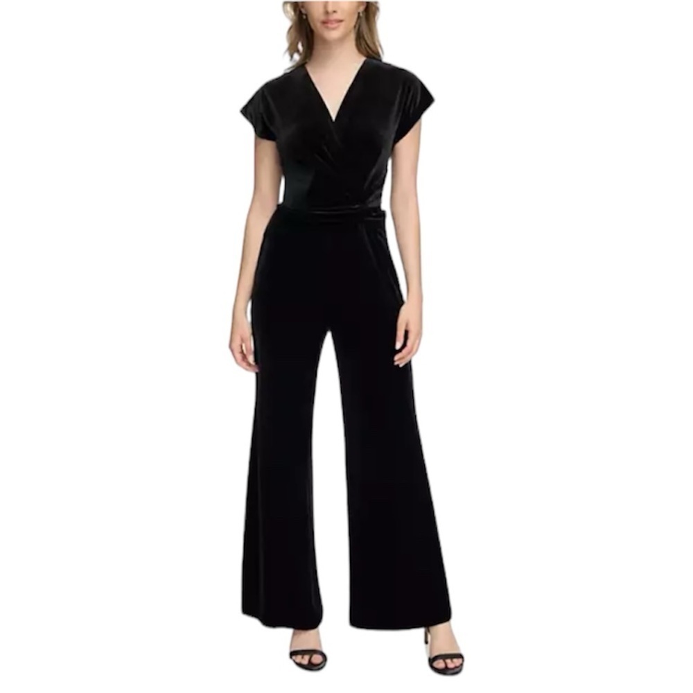 Calvin Klein NWT Velvet Faux-Wrap Jumpsuit in Black Size 12 NEW